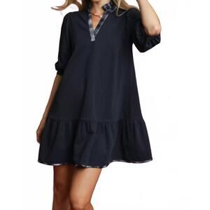 NEW UMGEE french terry ruffle hem dress with plaid trim v-neck in navy